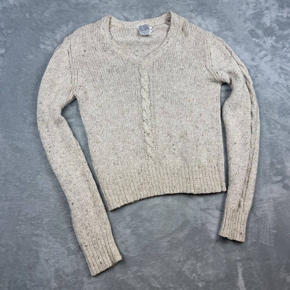 Vintage Villager Silk Wool Blend Cable Knit V Neck Sweater Women’s M